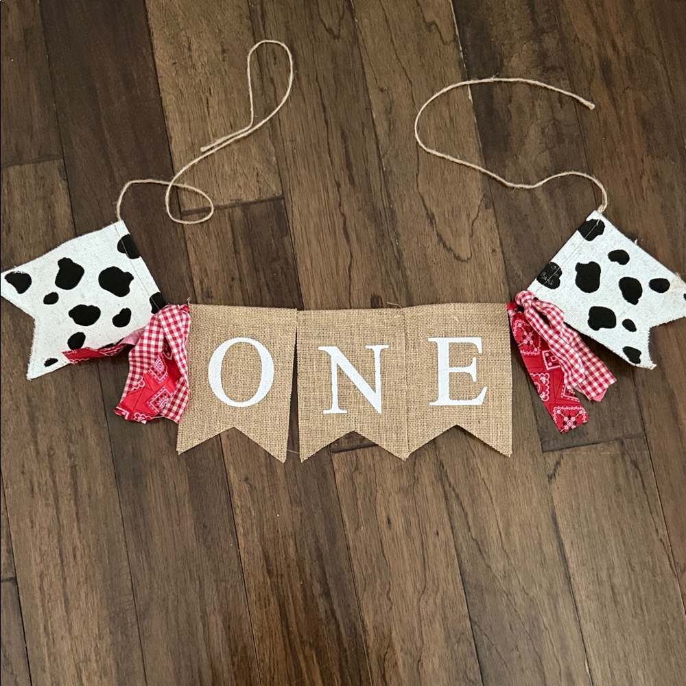 Cow Print and Burlap First Birthday Banner